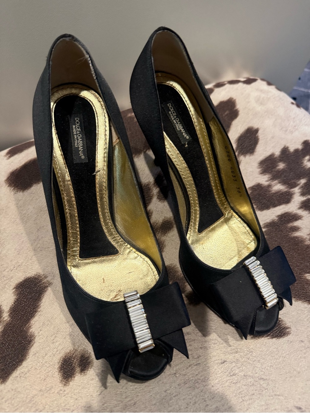 Dolce & Gabbana Black Peep-Toe Heels with Bow and Crystal Bar